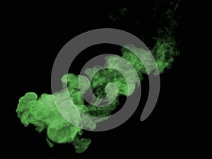 Top View of Wispy and Swirly Green Toxic Long Smoke cloud on black