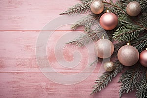 Top view of a witner tree branches and pastel pink glass ball on a textured blush pink wooden background. Christmas copyspace in