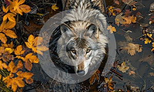 Top view of a wolf resting by a stream, autumn forest