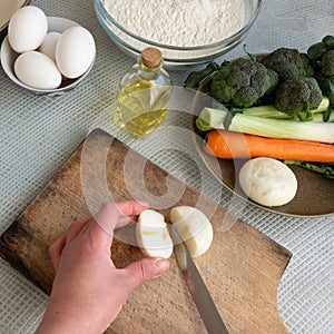 Top view of woman hands cooking with healthy food ingredient. Balanced diet, culinary and food