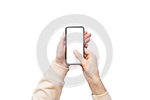 Top view of woman hands holding smart phone with blank copy space screen for your text message or information content