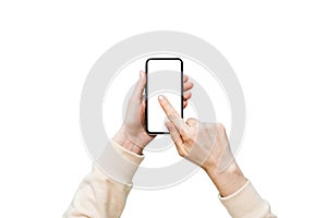 Top view of woman hands holding smart phone with blank copy space screen for your text message or information content