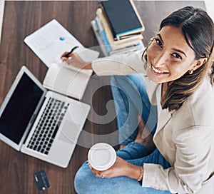 Top view, woman or laptop portrait for finance student, office investment management or financial growth strategy. Happy photo