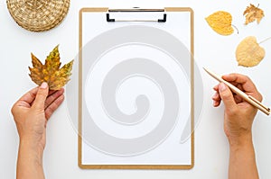 Top view of woman`s hands holds golden pen and autumn dry leaves Mockup clipboard with blank white paper sheet