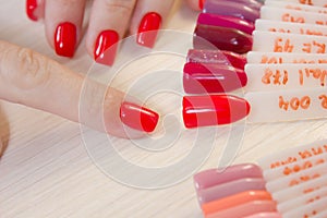 Top view woman selects yellow color shellac nail polish.Nail technician shows the color palette of nail services in