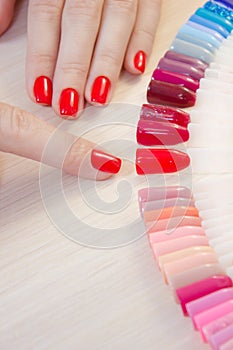 Top view woman selects yellow color shellac nail polish.Nail technician shows the color palette of nail services in beauty salon.