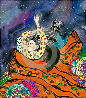 Top view of a woman sleeping in bed with a cat next to night starry sky. hand drawing watercolor illustration