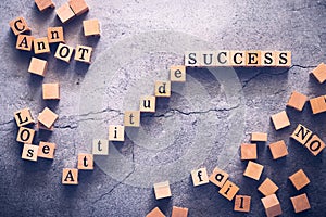 Top view of wood cube letter word of Attitude and SUCCESS. Idea of positive thinking or mindset toward target, goal and