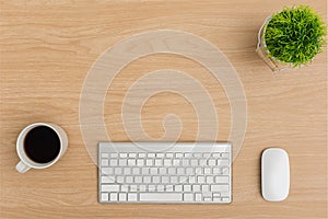 Top view Wood office desk table. Flat lay Workspace