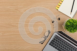 Top view Wood office desk table. Flat lay Workspace