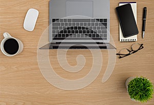 Top view Wood office desk table. Flat lay Workspace