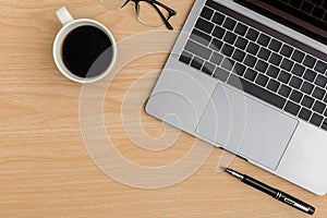 Top view Wood office desk table. Flat lay Workspace