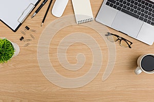 Top view Wood office desk table. Flat lay Workspace