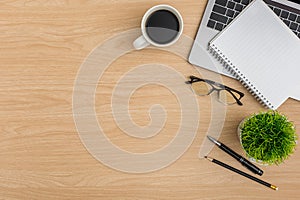 Top view Wood office desk table. Flat lay Workspace