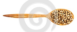 Top view of wood spoon with coriander seeds