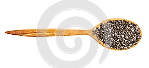Top view of wood spoon with raw chia seeds
