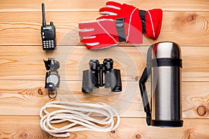 top view on a wooden background equipment