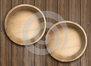 Top view. wooden barrels on wooden floor