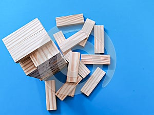 Top view wooden blocks tower games.