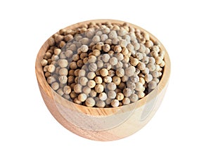 Top view of wooden bowl with Herbs and spices with coriander seeds isolated on white background.