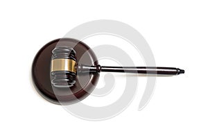 Top view on wooden gavel isolated on white background