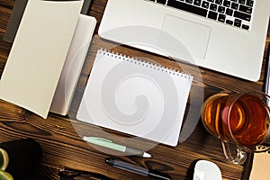 Top view wooden office  desk  with copy space