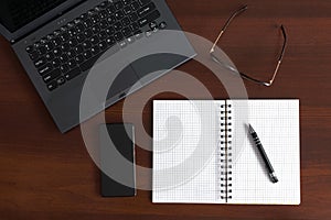 Top view of wooden office desk table