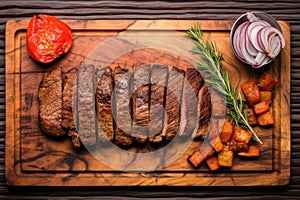 top view of a wooden plate with grilled seitan steak