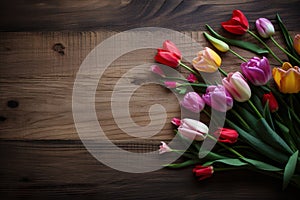 Top View Of A Wooden Table Background With Tulip Flowers For Mother\'s Day Or Valentines Day