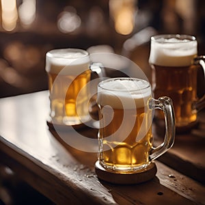 Top view of a wooden table in a bar with three mugs of beer