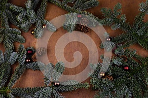 Top view woodwn Merry Christmas background.