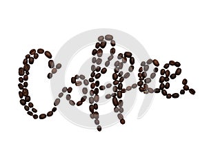 Top view of word coffee made from coffee beans isolated on white background