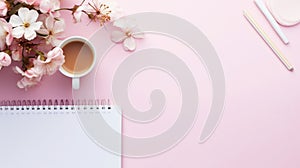 Top view of work desk with notepad, office supplies, flowers and creative clutter. Pink background. Generative AI