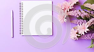 Top view of work desk with notepad, office supplies, flowers and creative clutter. Pink background. Generative AI