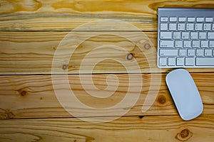 top view of working desk table with keyboard, mouse