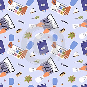 Top view writing hands seamless pattern. Office work. Business people use laptop. Employees take notes in organizer