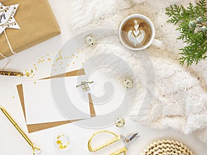 Top view xmas card mockup, flat lay. Handmade wrapping Christmas gifts with craft paper. Winter banner background