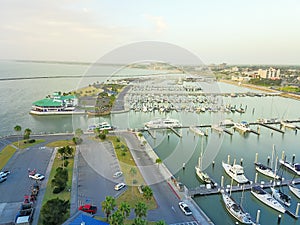 Top view yacht parking in Corpus Christi, Texas bay front area