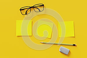Top view yellow background with three yellow notes with glasses and pencil. 3d photo
