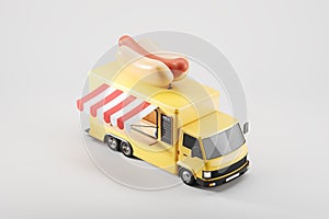 Top view of yellow food truck with kitchen, hot dog. Isolated over grey background