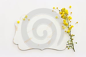 top view of yellow mimosa flowers and empty board over white background. For mock up, copy space