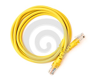 Top view yellow RJ45 computer network connecting cable with clipping path