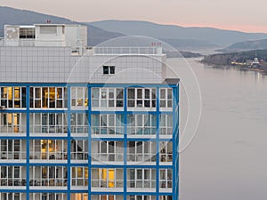 Top view of the Yenisei River. Fragment of a residential building.