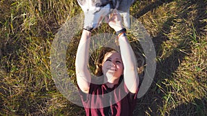 Top view of young girl with blonde hair lying on grass at field and stroking her husky dog. Beautiful woman spending