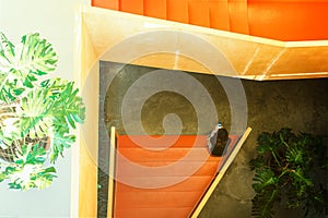 Top view. Young girl sitting on the staircase with, using mobile devices inside of the building - Image