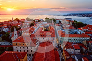 Top view of Zadar old town at sunset from the tower of Zadar cathedral,  Dalmatia, Croatia. Scenic cityscape photo