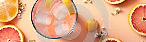 Top View Zesty Grapefruit Spritzer With A Citrus Twist. Banner For Web. Generative AI