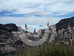 Top of volcano seen from the other peak with grass