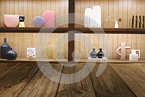 Top wood table Blur minimal cafe shop midcentury style background.