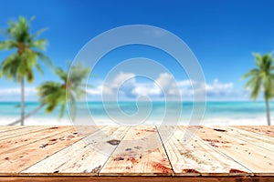 Top of wood table with blurred sea and blue sky background